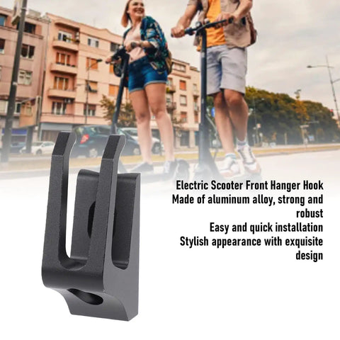 Aluminum Alloy Scooter Front Hook for M365 and Electric Scooters, rugged black finish, shown with two people on scooters.