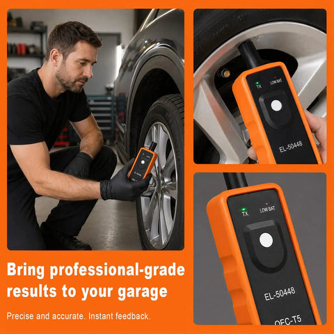 Pro TPMS Reset Tool For Fast Tire Pressure Sensor Activation And One Button Relearn Designed For Most Vehicles, measuring 4.96x2.17in, in use.