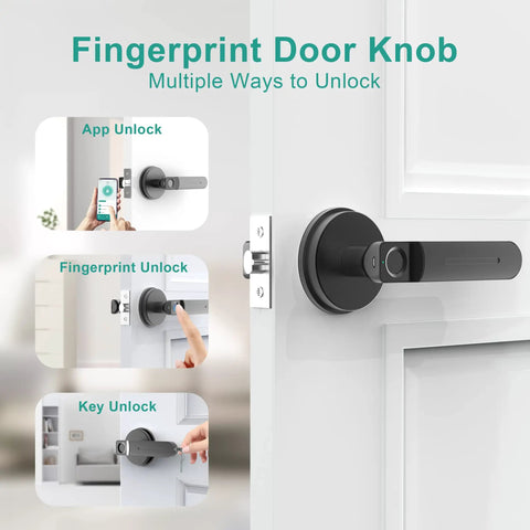 Dope Smart Fingerprint Door Lock With Biometric Access, Black Finish, showing app, fingerprint, and key unlock methods.