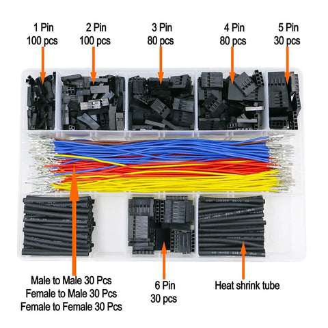 2.54mm Dupont Style Wire Connector Kit With Pre Crimped 26AWG Wires In Three Styles Female To Female, Male To Male, And Male To Female Large Pack 510 Pieces For Pro DIY Electronics Projects shown in open storage case with labeled compartments and colored wires.