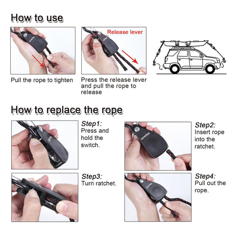 Instructions for Heavy Duty Kayak Tie Down Straps With S Hook And Safety Clip, One Quarter Inch By Twelve Feet, Black
