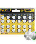 Top Tier Ag13 Lr44 Battery 24 Pack 15 Volt Alkaline Button Coin Cells in hexagonal packaging ready for usage in electronics.