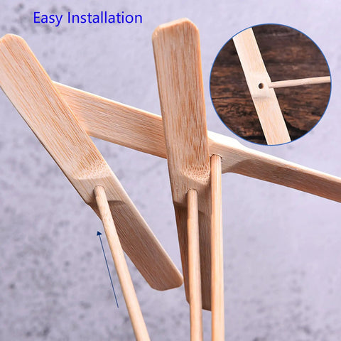 Close-up of Dragonfly Propeller Toys Set For Outdoor Fun, 10 Pack Wooden Flying Dragonflies showing easy installation.