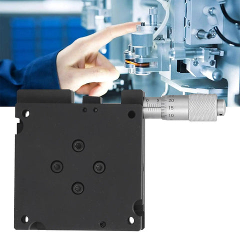 RF A60 Linear Stage Translation Platform with manual angle square micrometer, shown in lab setup, against machinery backdrop.