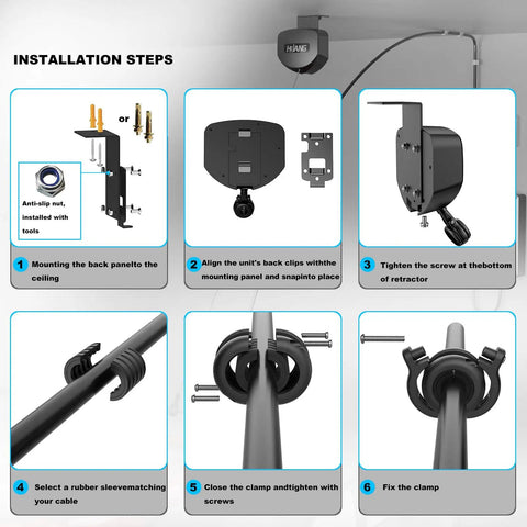 Installation steps for EV Charger Cable Retractor Ceiling Mount Tangle Free Cord Organizer with detailed images and parts.