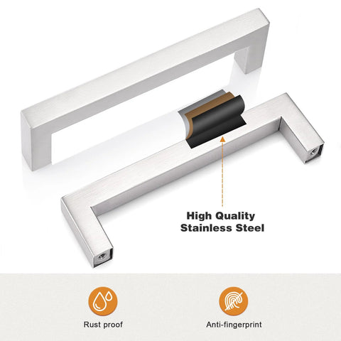 50 Pack Satin Nickel Stainless Steel Square Bar Cabinet Handles For Kitchen Cupboards And Drawers With 5 Inch Hole Centers And 5.5 Inch Total Length Durable Lightweight Contemporary Pulls For Cabinets Dressers Bedroom Bathroom showing high-quality stainless steel composition