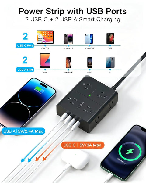 Ultra Slim Flat Power Strip With 8 Outlets And 4 USB Ports 2 USB C 5 Ft Braided Surge Protector shown charging phones