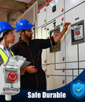 Two industrial workers installing Rugged IP67 Outdoor Red Emergency Stop Button Switch Box With Protective Cover on control panel