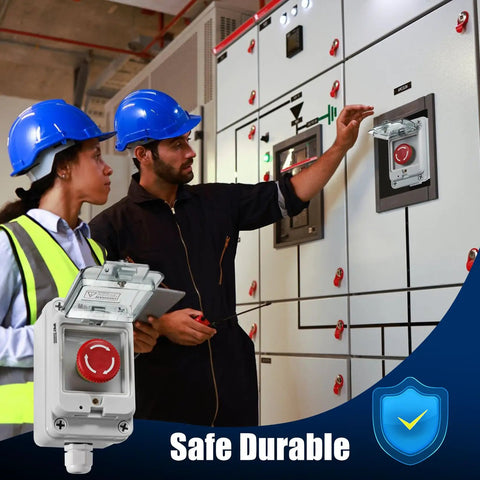 Two industrial workers installing Rugged IP67 Outdoor Red Emergency Stop Button Switch Box With Protective Cover on control panel