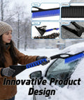 Woman using Two In One Snow Brush And Ice Scraper For Cars, 27 Inch Detachable Handle With Ergonomic Foam Grip, Blue on car