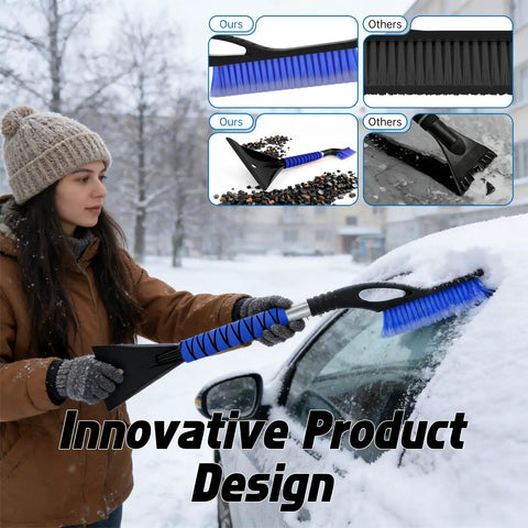 Woman using Two In One Snow Brush And Ice Scraper For Cars, 27 Inch Detachable Handle With Ergonomic Foam Grip, Blue on car