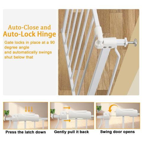 Extra Wide Baby Gate With Auto Close Pressure Mounted Walk Through Pet Gate For Doorways And Stairs, hinge and latch detail.