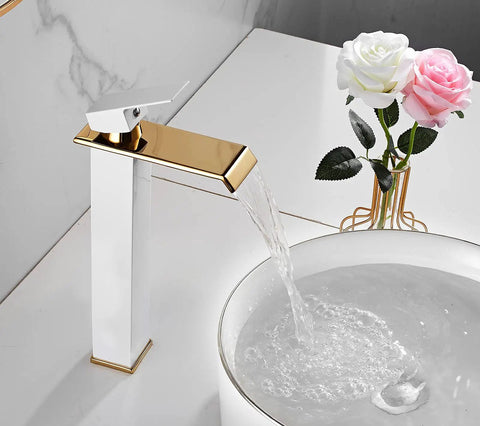 White Gold Waterfall Vessel Sink Faucet With Tall Deck Mount And One Hole Single Handle Vanity Lavatory Tap For Modern Baths Dope Finish Sleek Commercial Style Includes Supply Lines