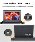 15.6 Inch HDMI KVM Console With Eight Port Switch And Hotkey Control showing front and back dual USB ports for easy keyboard and mouse connectivity.