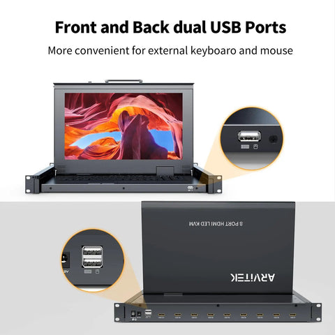 15.6 Inch HDMI KVM Console With Eight Port Switch And Hotkey Control showing front and back dual USB ports for easy keyboard and mouse connectivity.