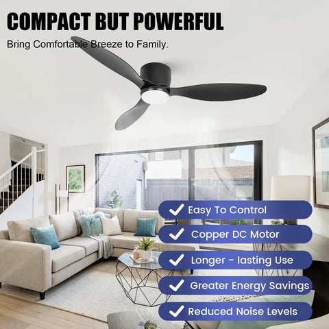 52 Inch Black Flush Mount Ceiling Fan With Remote And Light Kit in a modern living room with natural light