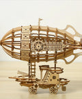 Side view of assembled 3D Wooden Airship Puzzle Kit for adults and teens, 160 pre-cut pieces, natural wood model on table.