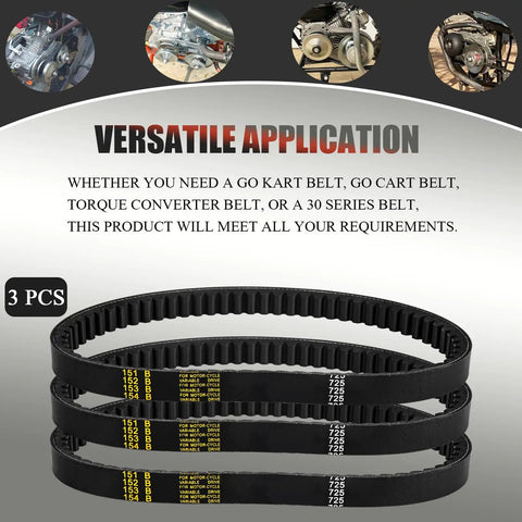 Three 725 Go Kart Belts for 30 Series Torque Converter Replacement, featured with durable design, fits go karts like Mudhead 208R.
