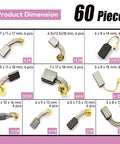 Electric Motor Carbon Brushes Set Of 60 Pcs In 10 Sizes For Power Tools Repair And Maintenance with dimensions shown