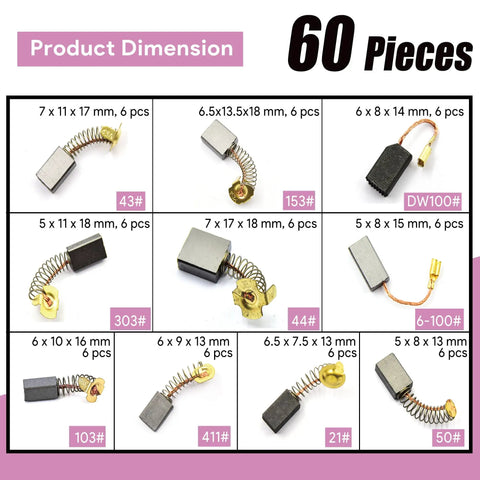 Electric Motor Carbon Brushes Set Of 60 Pcs In 10 Sizes For Power Tools Repair And Maintenance with dimensions shown