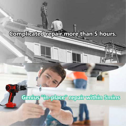 Comparison of complicated roof repair taking 5 hours versus quick 5-minute under-sink plumbing fix using a power drill with reamer attachment.