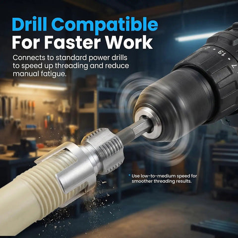 Two Pack PVC Pipe Threader Set For One Half Inch And Three Quarter Inch Plastic Pipes in drill, threading demonstration