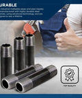 Four black steel pipe nipples, pre-cut threaded design, shown with mechanic tool in background for DIY furniture use.