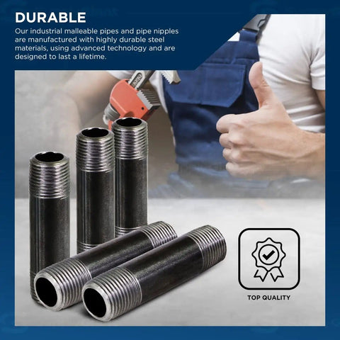 Four black steel pipe nipples, pre-cut threaded design, shown with mechanic tool in background for DIY furniture use.