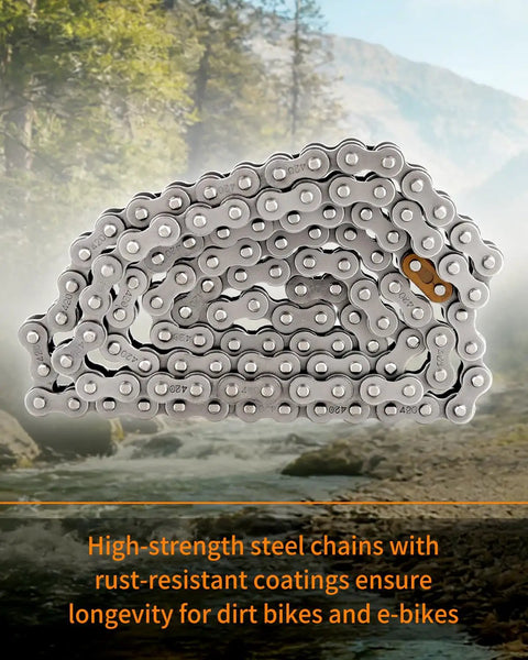 420 Drive Chain With 116 Links And Master Link For Tutti Tutto Soleil 01 Electric Motorcycle Dirt Bike And Ebike Premium High Strength Steel With Anti Rust Coating Universal 420 Chain Upgrade For Electric Rides