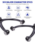 Front view: pair of black front suspension control arms with bushings and ball joints.