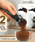 Mess Free Two Tablespoon Coffee Scoop With Built In Funnel For Reusable K Cup Pods, shown measuring ground coffee into a glass bowl.