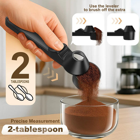 Mess Free Two Tablespoon Coffee Scoop With Built In Funnel For Reusable K Cup Pods, shown measuring ground coffee into a glass bowl.