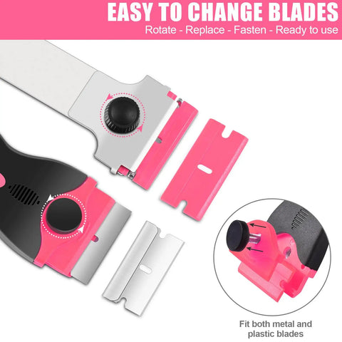 4 Pack Razor Blade Scraper Kit With 50 Blades, 20 Metal And 30 Plastic, Double Edged Handles, Long Handle Scrapers For Tackling Paint, Glue, Vinyl, Glass, Wallpaper Removal And Heavy Duty Scraping, pink blade fit