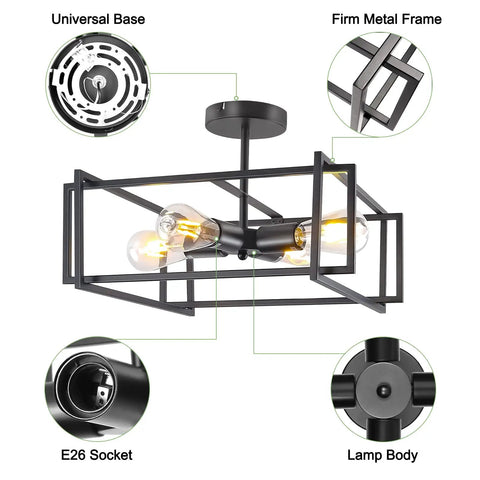 Four Light Black Semi Flush Mount Ceiling Light Fixture With Industrial Farmhouse Style and metal frame detailing.