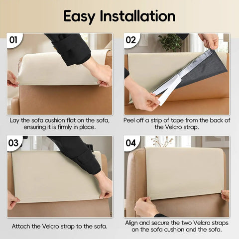 Beige Faux Leather Recliner Headrest Protector Non Slip Cover Waterproof And Washable For Recliner Chairs Sofas Office And Theater Seats 17 By 27 Inches shown in installation steps on recliner.