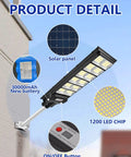Beast 600W Solar Street Light With 1200 LED Flood Beams And 30000 Lumens IP66 Waterproof, showing solar panel and ON/OFF button.