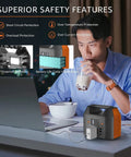 Person using Portable Power Bank With 150W AC Outlet For Camping And Travel, 155Wh 42000mAh Lithium Battery Pack indoors
