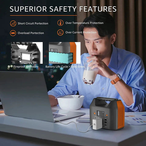 Person using Portable Power Bank With 150W AC Outlet For Camping And Travel, 155Wh 42000mAh Lithium Battery Pack indoors