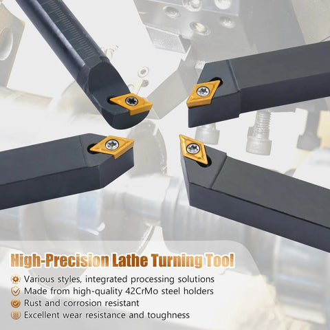 Indexable lathe turning tool set with 1/2 in (12 mm) shank; includes 4 metal tool holders and 10 orange carbide inserts