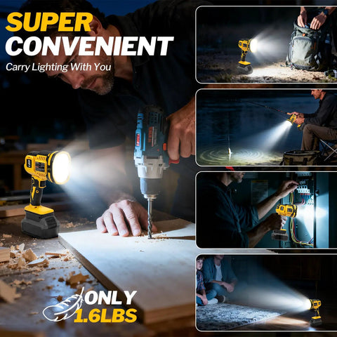 Beast Bright Cordless LED Work Light 1500 Lumens illuminating workshop and outdoor tasks, pivoting for versatile use.