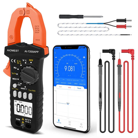 Bluetooth Digital Multimeter With Clamp On Meter 7200APP TRMS 6000 Counts alongside smartphone app and probes