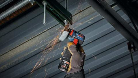 GWS12V-30N 12V Max Brushless 3 Inch Angle Grinder Bare Tool for tight spaces cutting metal conduit overhead, sparks visible