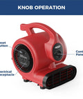 Side view of 600 CFM Air Mover Blower Fan showing control panel, reset button, and electrical receptacle