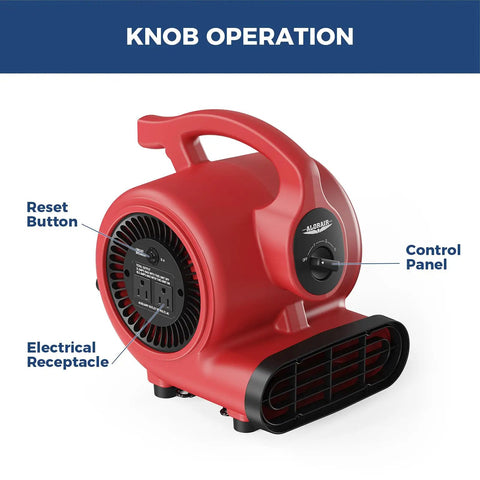 Side view of 600 CFM Air Mover Blower Fan showing control panel, reset button, and electrical receptacle