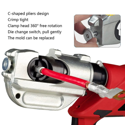 Close-up of Reliable Electric Crimping Tool With 360 Degree Swivel Jaw And Powerful 18 Volt Battery for precise wire crimping.