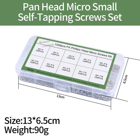 1200 Pcs Mini Screw Kit M1 M1.2 M1.4 M1.7 Micro Phillips Head Pan Screws For Electronics Sunglasses Watches in clear box