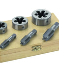 Six Piece Pipe Tap And Die Set For 1/4 Inch 3/8 Inch And 1/2 Inch NPT Threads Heavy Duty Precision Ground Alloy Steel Tools displayed with wooden case