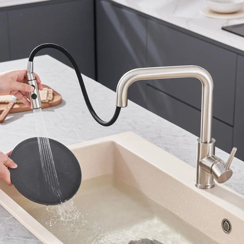 Universal Kitchen Faucet Replacement Head Pull Down Spray Nozzle With Fifteen Heavy Duty Adapters in use, washing a black plate in brushed nickel sink.