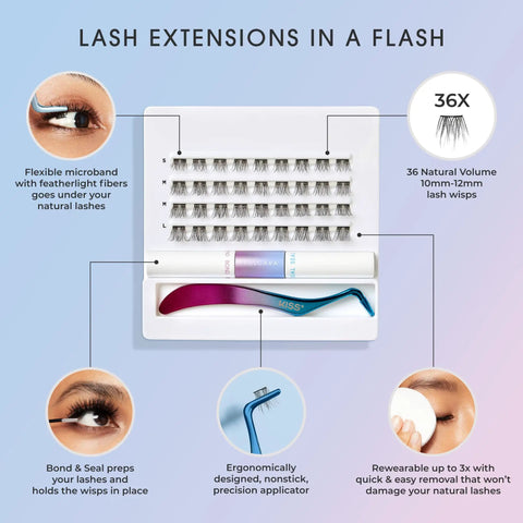 Complete DIY Eyelash Extensions Starter Kit With Bond And Seal, Precision Applicator, 36 Lash Clusters, 10mm-12mm wisps