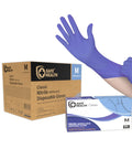 Blue nitrile disposable gloves, size M, Safe Health Imperial Blue, powder-free and latex-free; box and case shown